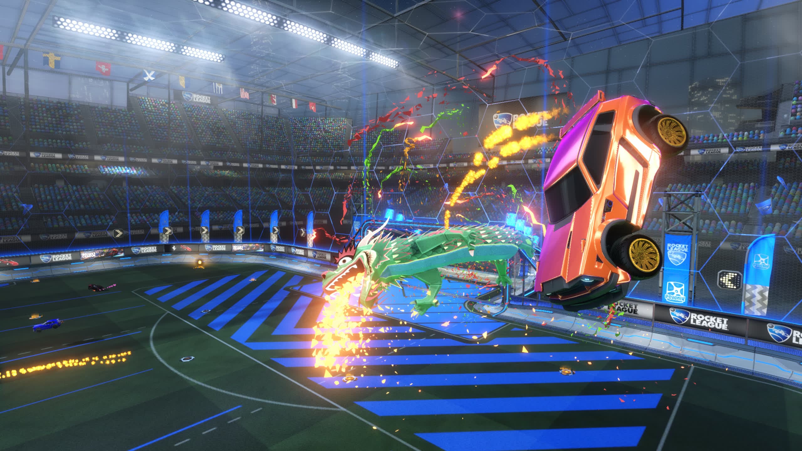 Rocket League stadium — cars colliding mid-air